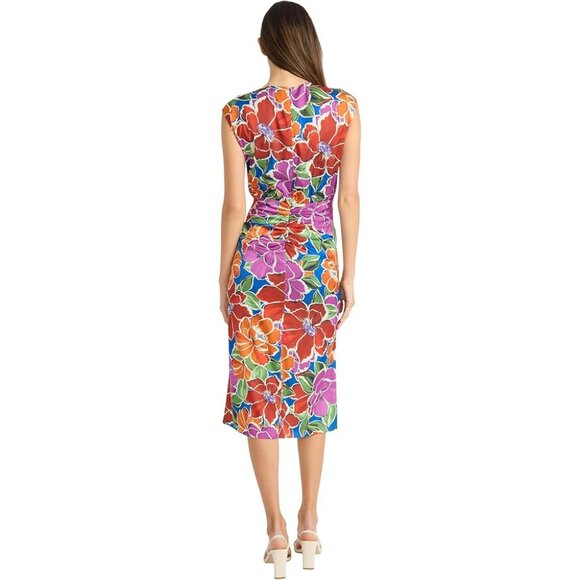 NWT Maggy London Floral V-Neck Cap Sleeve Charmeuse Faux Wrap Nevein Midi Dress - Picture 4 of 8